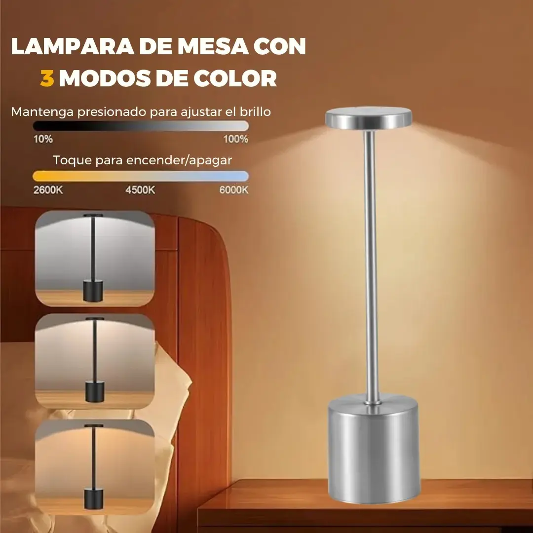 Velador Lámpara Led Recargable Usb Dimmer 3 Luces Fria Calida Neutra Táctil Touch Ideal Bar Velador Moderno Elegante Velador De Mesa Levys Bazar Color Plateado — imagen 4