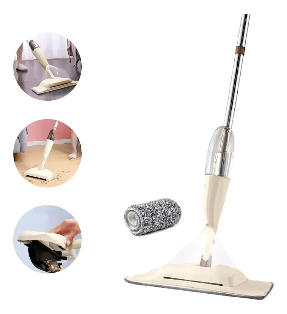 Mopa Plana Suono de Microfibra Limpieza Pisos Lavable Reforzada Con Rociador Tanque 300mL Color Crema 41x14cm