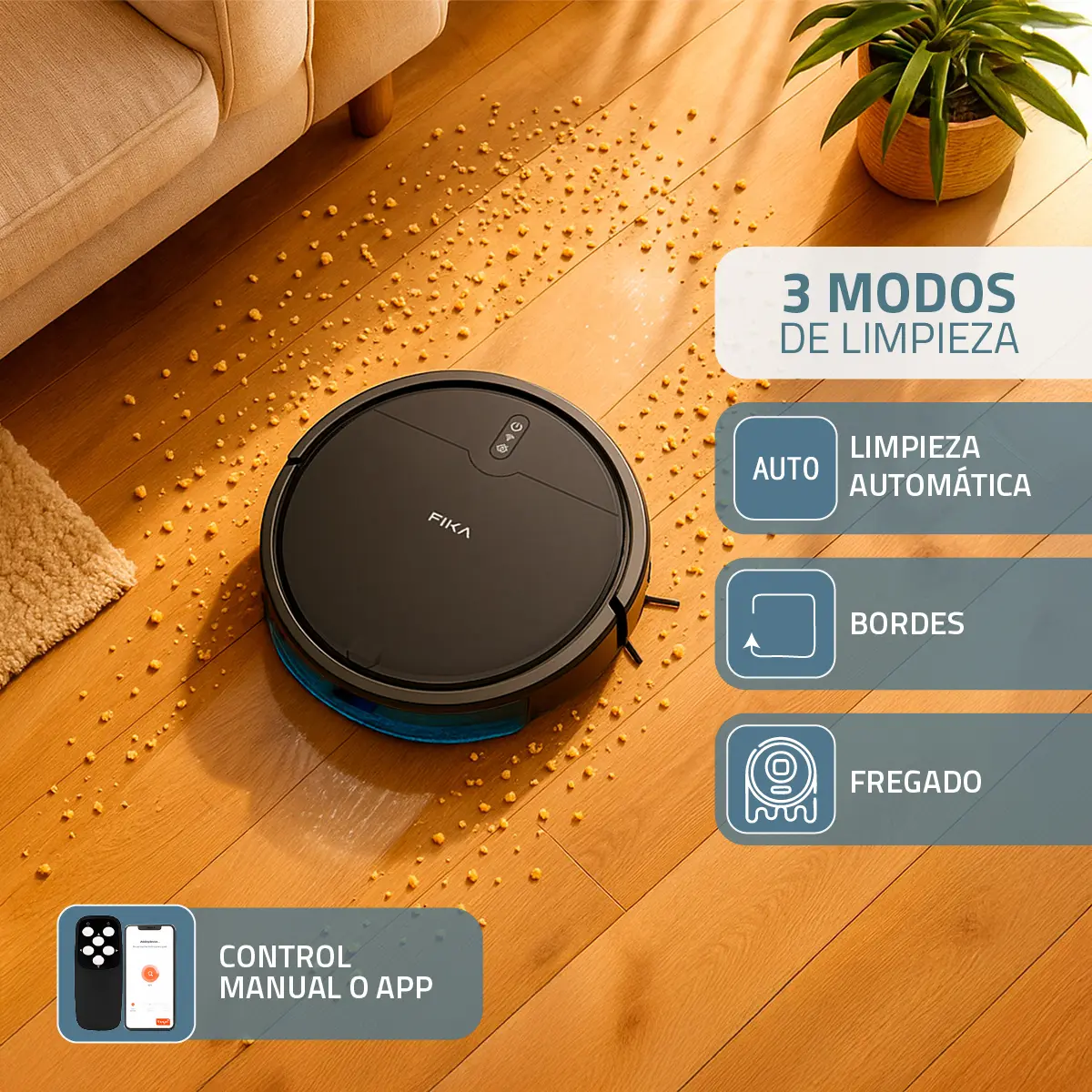 Aspiradora Y Trapeadora Robot Fika SENSE Antichoque Con App Wifi Color Negro — imagen 5