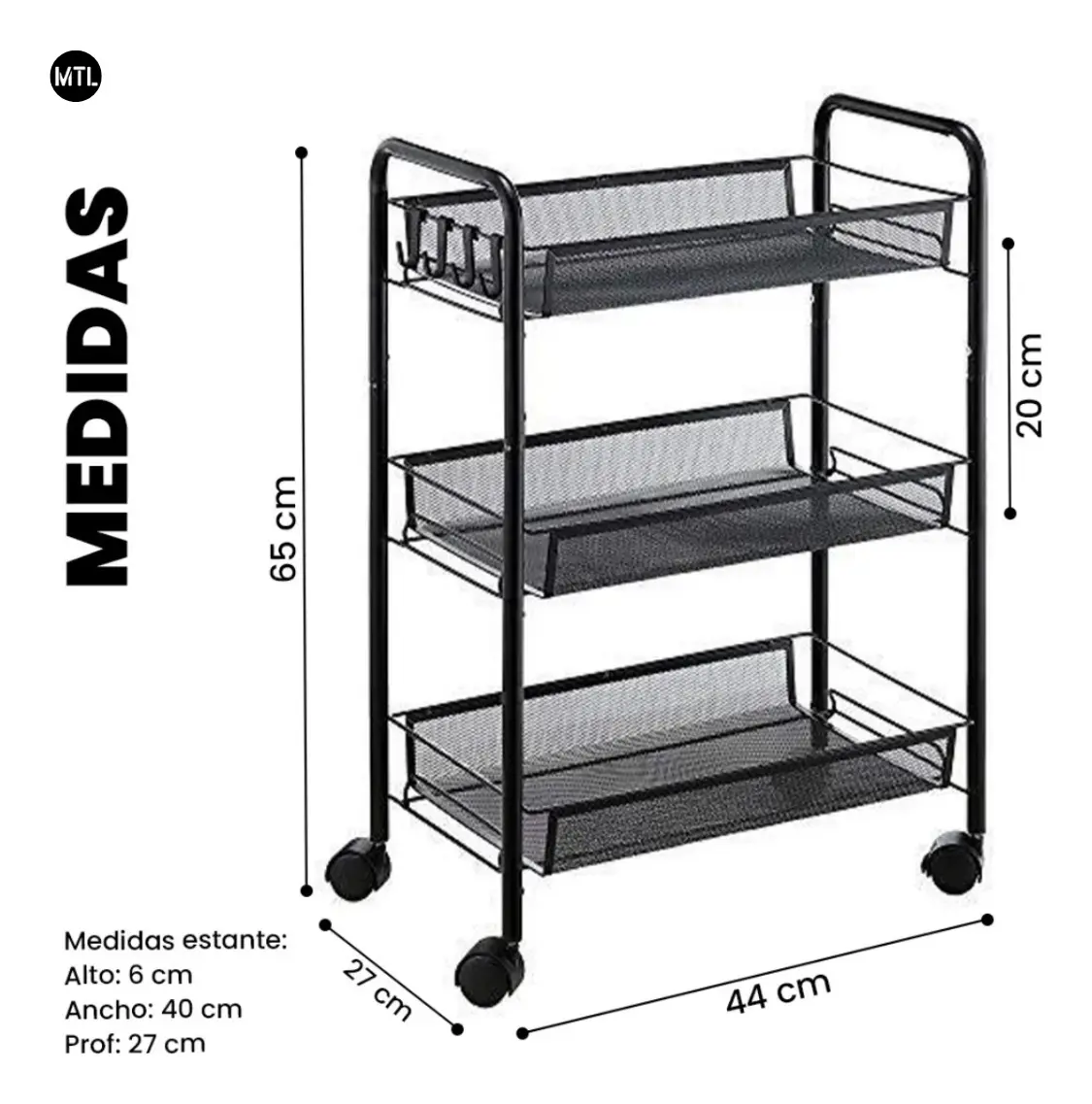 Carrito Organizador MTL 3 Niveles — Metal Negro, Ruedas 360° con Freno — imagen 5