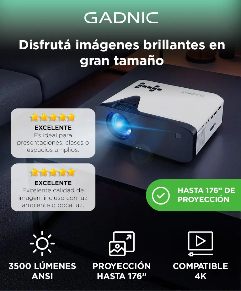 Proyector Portatil Gadnic P-3129 FHD Soporta 4K Bt Multi Conexion 5000 Lúmenes Control Remoto 40 a 150 — imagen 3