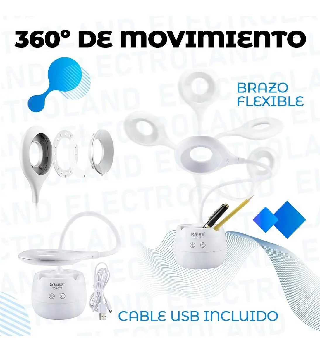Lámpara Táctil LED Inalámbrica Electroland Escritorio Blanco USB Plegable — imagen 4