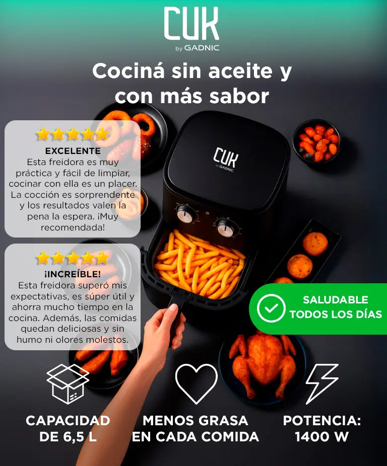Freidora De Aire Gadnic 6.5 L 1400w 220 240v Temperatura 80 A 200 C Temporizador 60 Minutos Pinza Incluida — imagen 3