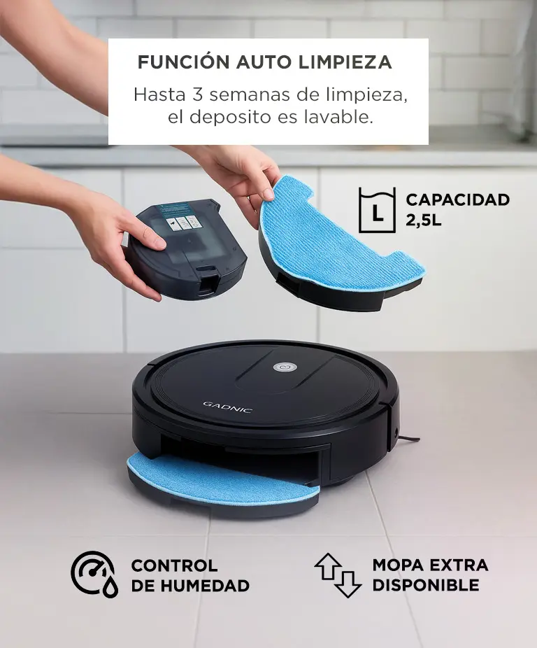 Aspiradora Robot Gadnic 5 Modos Limpieza Trapeo Inteligente Depósito de Agua Polvo Control App Conexion Inalambrica Sensores Anti‐Colisión Anticaída — imagen 5
