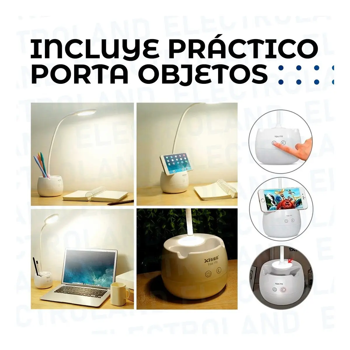 Lámpara Táctil LED Inalámbrica Electroland Escritorio Blanco USB Plegable — imagen 3