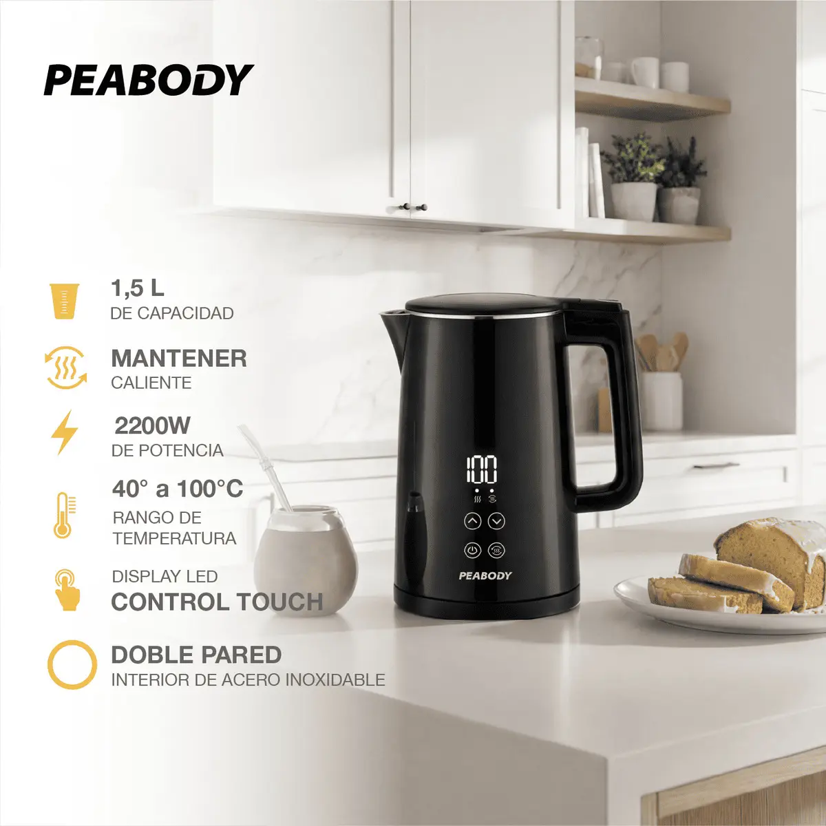 Pava Eléctrica Peabody Digital — 40–100°C y Función Mate — imagen 3