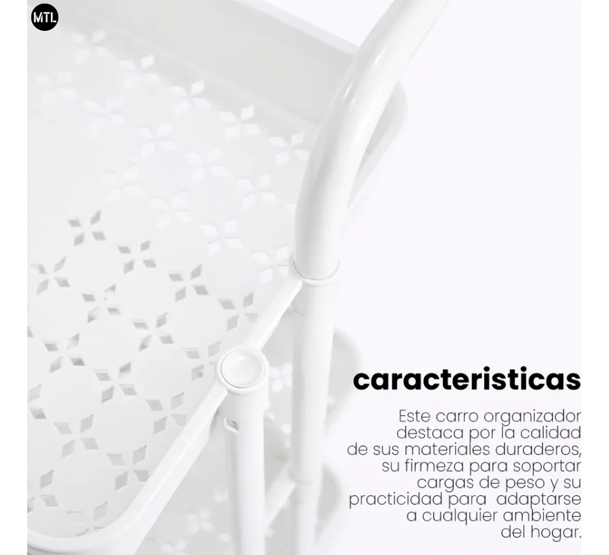 Carrito Organizador Blanco MTL TSV-003 — 3 Niveles, Ruedas 360° con Freno, 50kg — imagen 3
