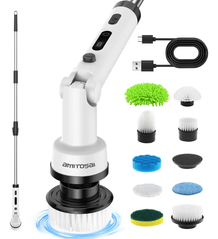 Multi Cepillo 9 En 1 Rotativo 450 Rpm Para Limpieza De Casa, Auto, Vidrios Con Mango Extensible Y Batería Recargable Mts-powerbrushpro Amitosai