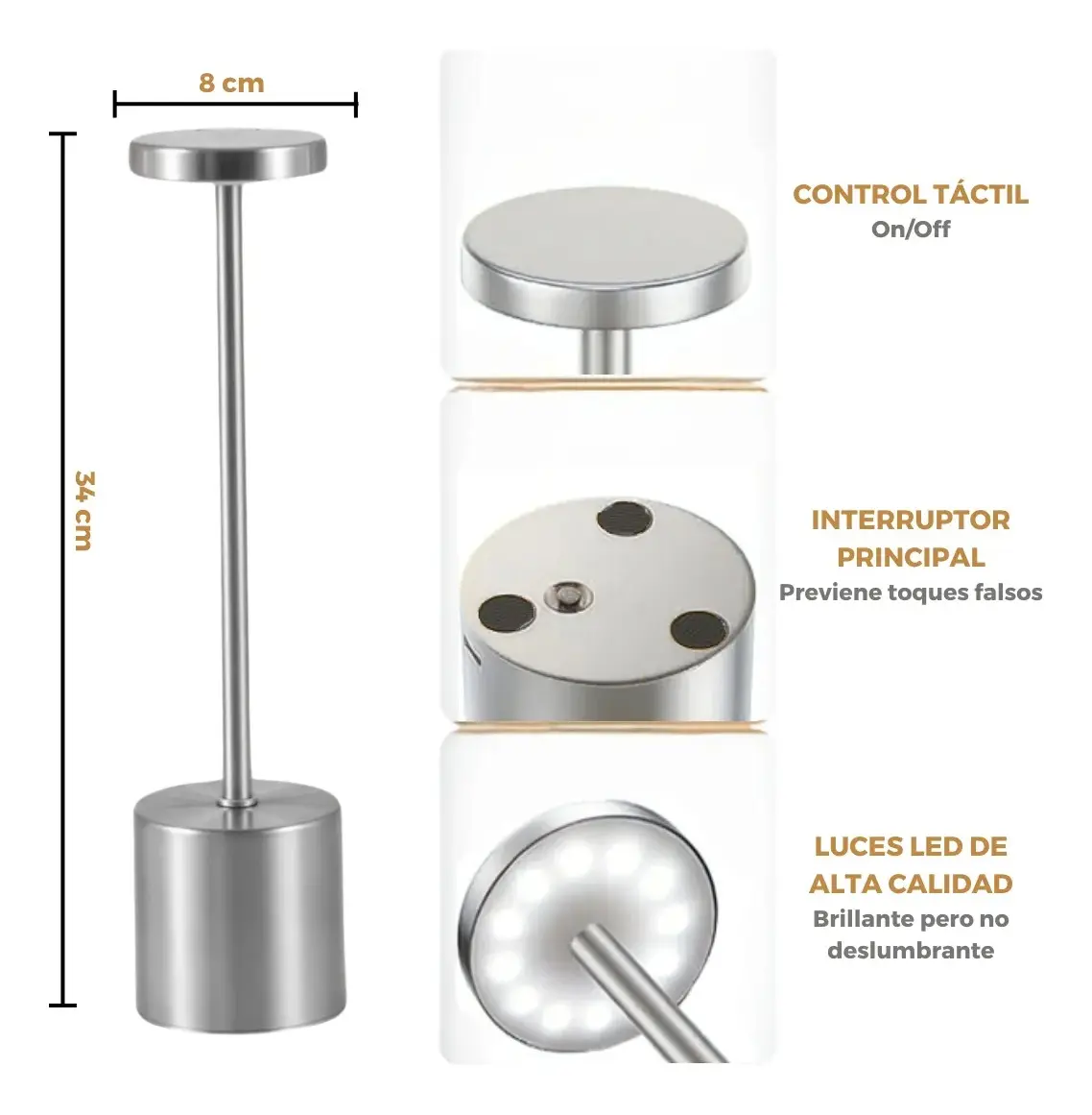 Velador Lámpara Led Recargable Usb Dimmer 3 Luces Fria Calida Neutra Táctil Touch Ideal Bar Velador Moderno Elegante Velador De Mesa Levys Bazar Color Plateado — imagen 3