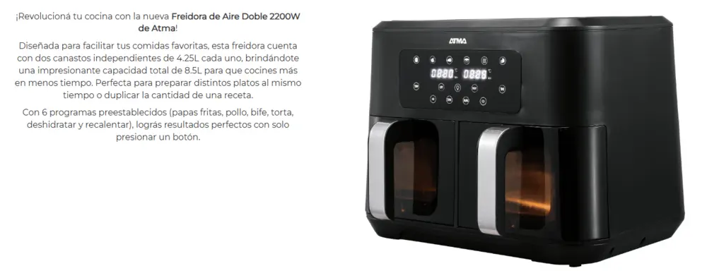Freidora De Aire Atma Pro Doble Canasta 8.5 Litros 2200w Frd248a — imagen 5
