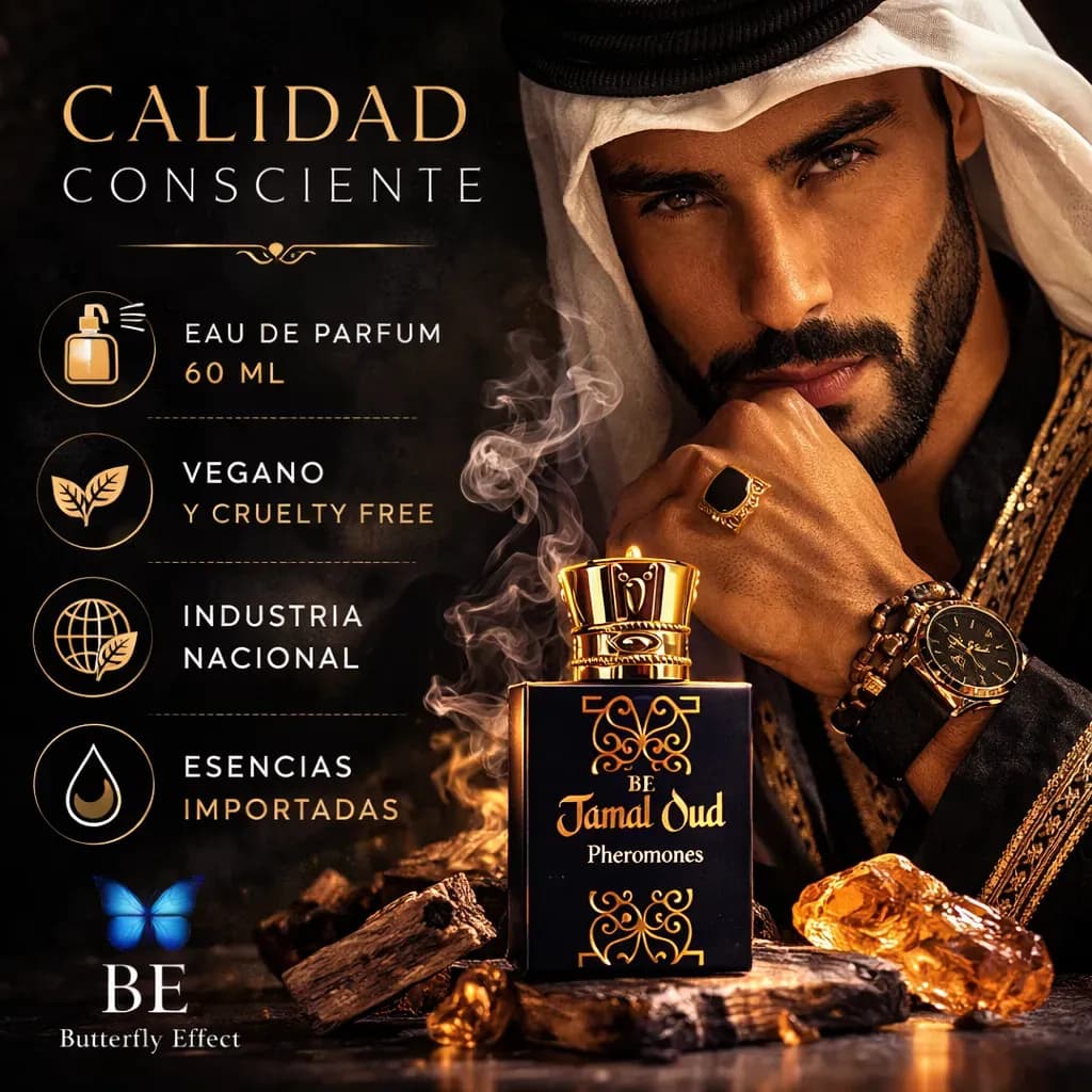 Perfume Arabe Hombre masculino Jamal Oud Feromonas Eau Parfum Amaderado Cuero Intenso Larga Duracion Spray Seductor Butterfly Effect Industria Argentina Vegano Cruelty Free Oriental Especiado Vainilla — imagen 4