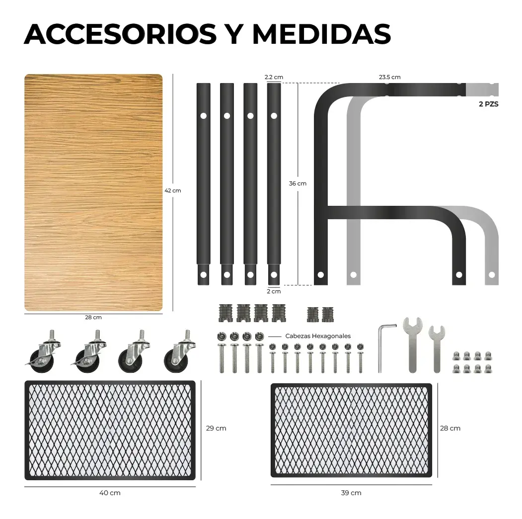 Mesa Auxiliar con Ruedas — Tablero Madera y 2 Estantes Metal, Carrito 3 Niveles — imagen 5