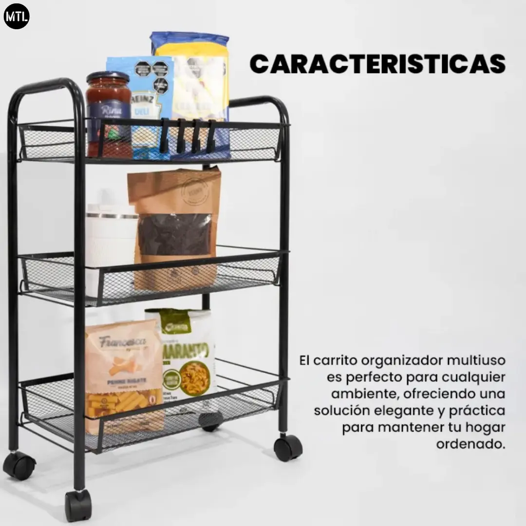 Carrito Organizador MTL 3 Niveles — Metal Negro, Ruedas 360° con Freno — imagen 4