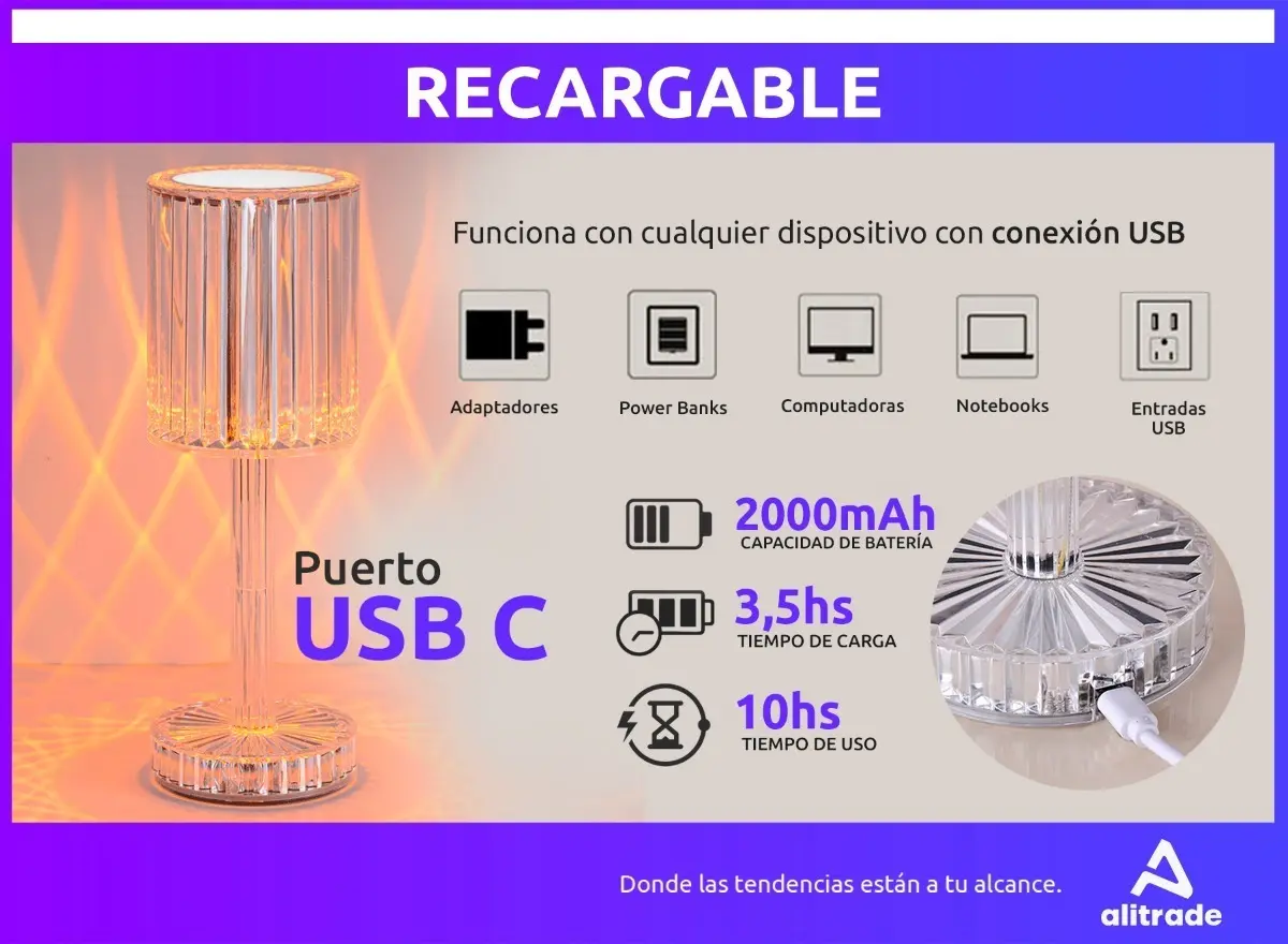 Lámpara Cristal LED Decorativa — Efecto Diamante, Recargable USB-C — imagen 3