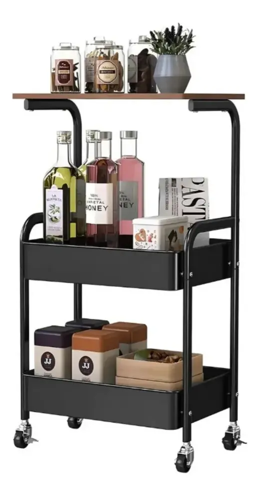 Mesa Auxiliar con Ruedas — Tablero Madera y 2 Estantes Metal, Carrito 3 Niveles — imagen 4