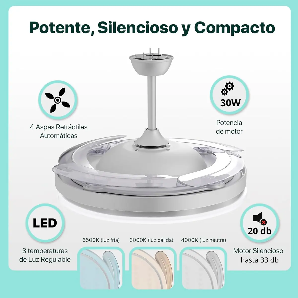 Ventilador Retractil De Techo Novohome Luz Calida Fria Neutra 6 Velocidades 4 aspas Color Blanco — imagen 4