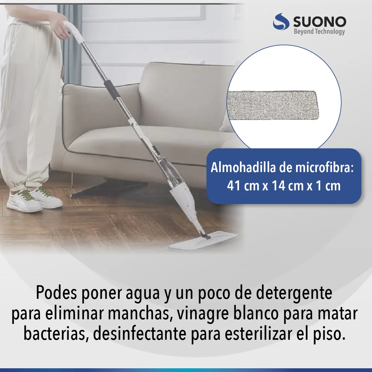 Mopa Plana Suono de Microfibra Limpieza Pisos Lavable Reforzada Con Rociador Tanque 300mL Color Crema 41x14cm — imagen 4
