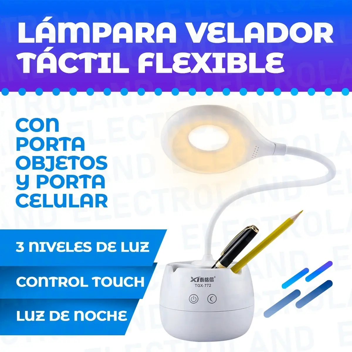 Lámpara Táctil LED Inalámbrica Electroland Escritorio Blanco USB Plegable — imagen 2