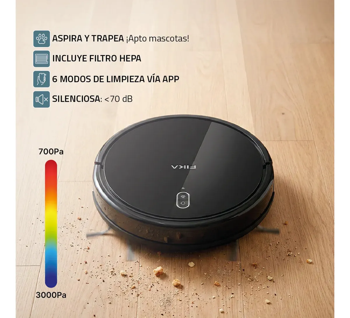 Aspiradora Robot Trapeadora Fika Nexos Giroscópica Pelos Mascotas App Wifi Color Negro — imagen 5