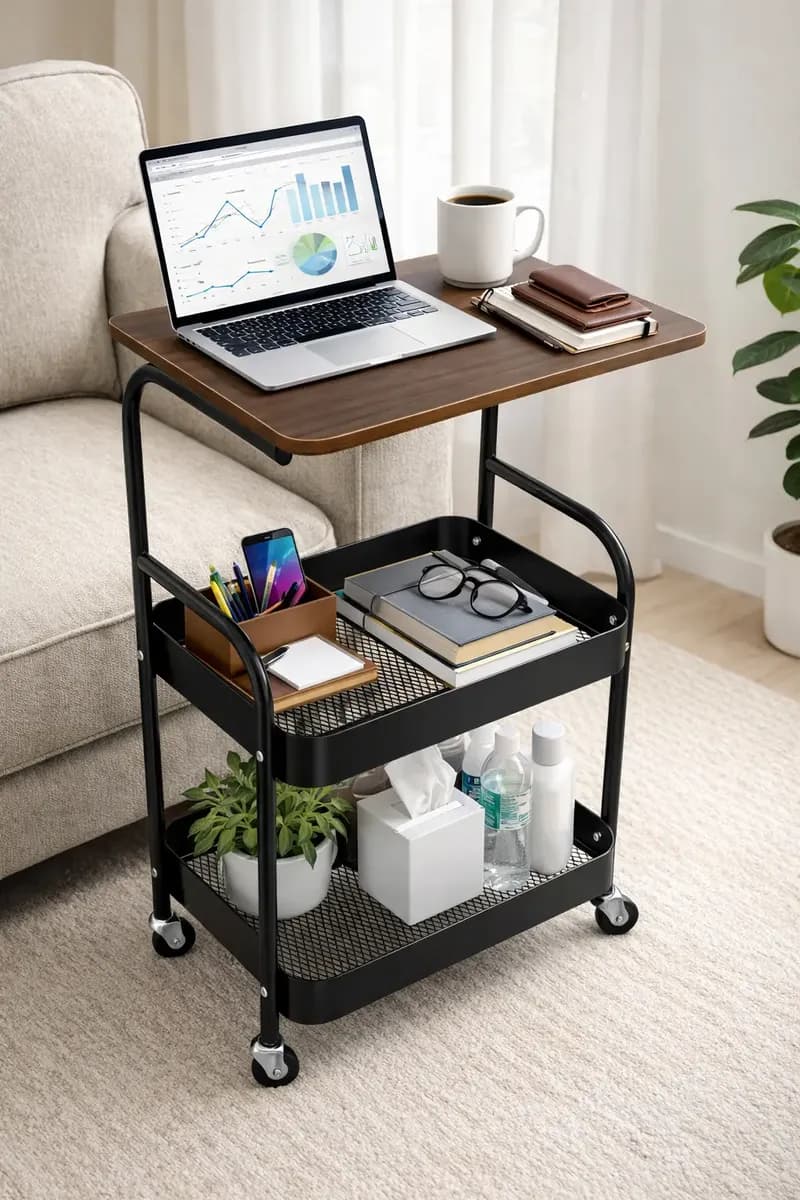 Mesa Auxiliar con Ruedas — Tablero Madera y 2 Estantes Metal, Carrito 3 Niveles