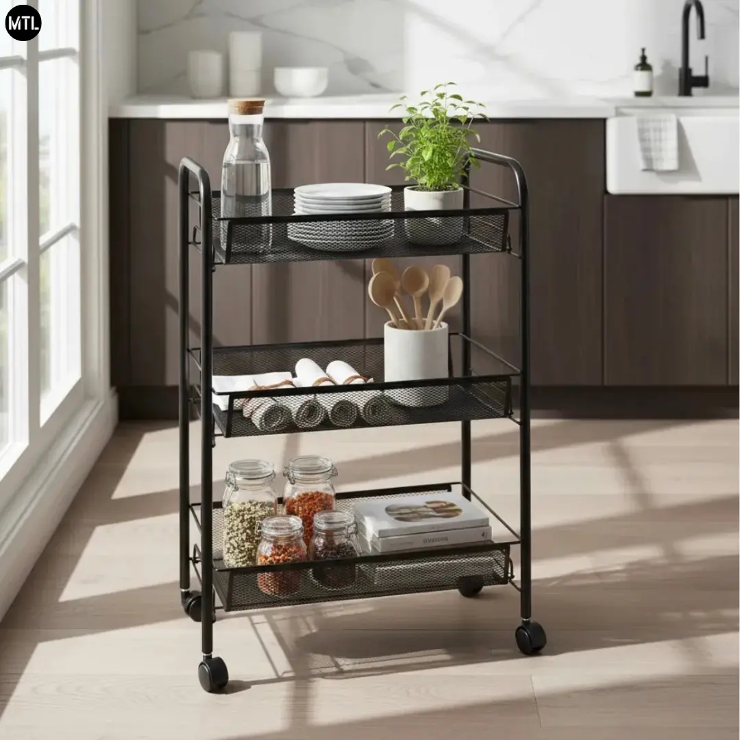 Carrito Organizador MTL 3 Niveles — Metal Negro, Ruedas 360° con Freno