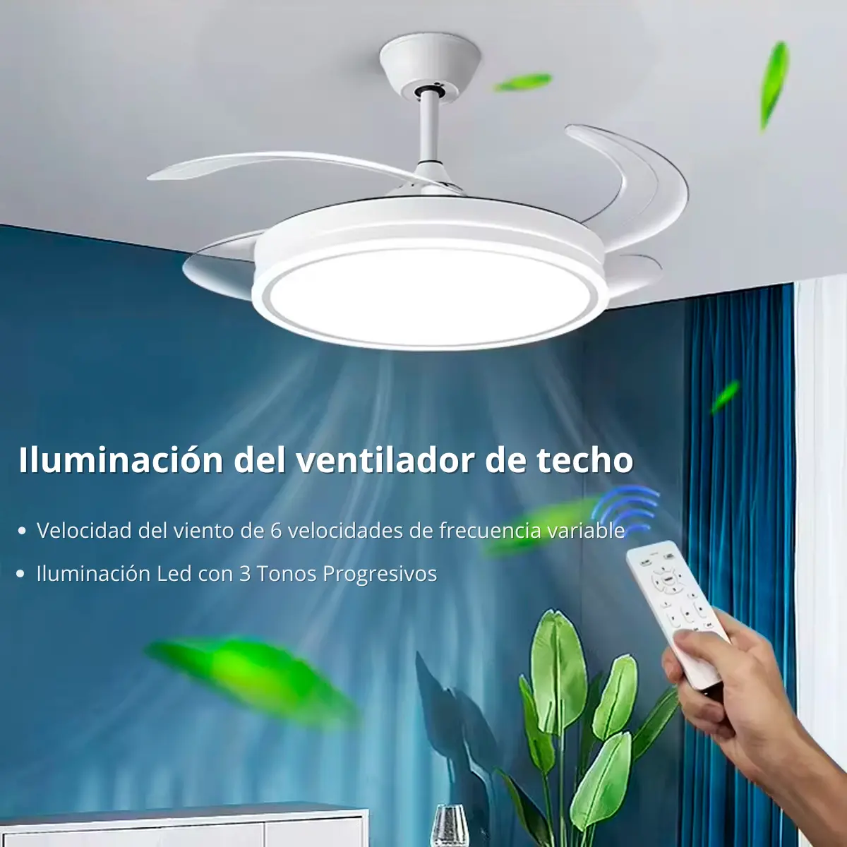 Ventilador Retractil De Techo Novohome Luz Calida Fria Neutra 6 Velocidades 4 aspas Color Blanco — imagen 3