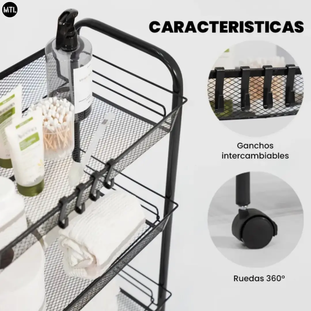 Carrito Organizador MTL 3 Niveles — Metal Negro, Ruedas 360° con Freno — imagen 3