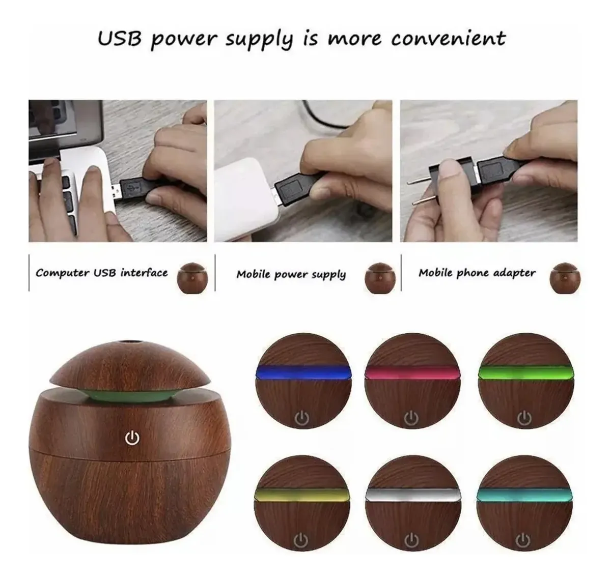 Aromatizador Ultrasónico USB LED RGB Simil Madera 130ml — imagen 4