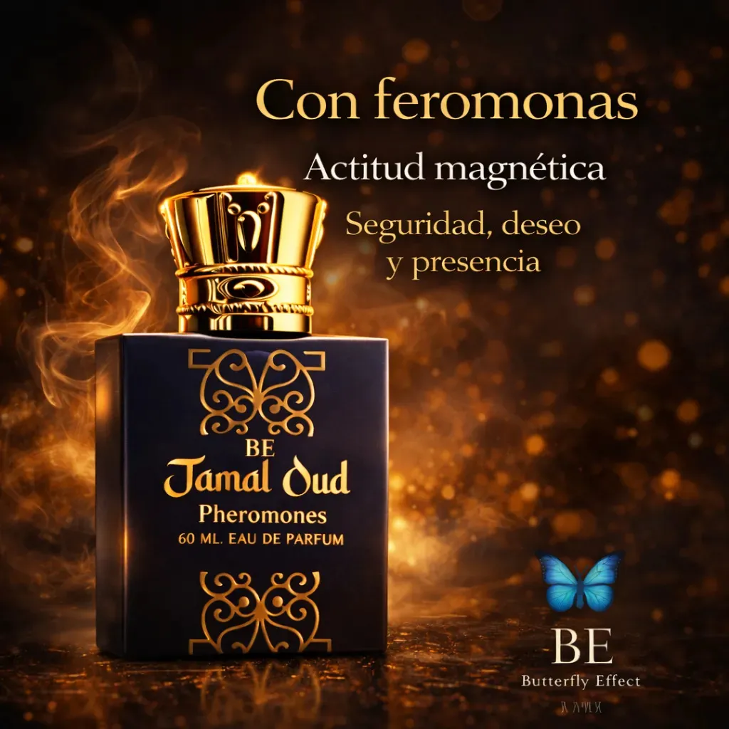 Perfume Arabe Hombre masculino Jamal Oud Feromonas Eau Parfum Amaderado Cuero Intenso Larga Duracion Spray Seductor Butterfly Effect Industria Argentina Vegano Cruelty Free Oriental Especiado Vainilla — imagen 5