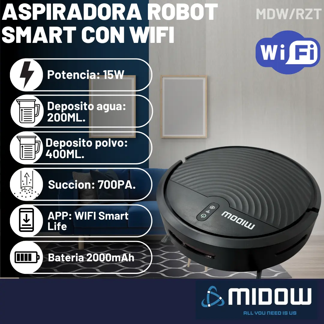 Aspiradora Robot Con Wifi Smart 115w Midow 3 Modos Con Base Negro — imagen 2