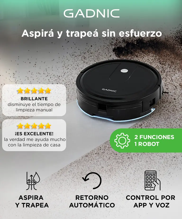 Aspiradora Robot Gadnic 5 Modos Limpieza Trapeo Inteligente Depósito de Agua Polvo Control App Conexion Inalambrica Sensores Anti‐Colisión Anticaída — imagen 2