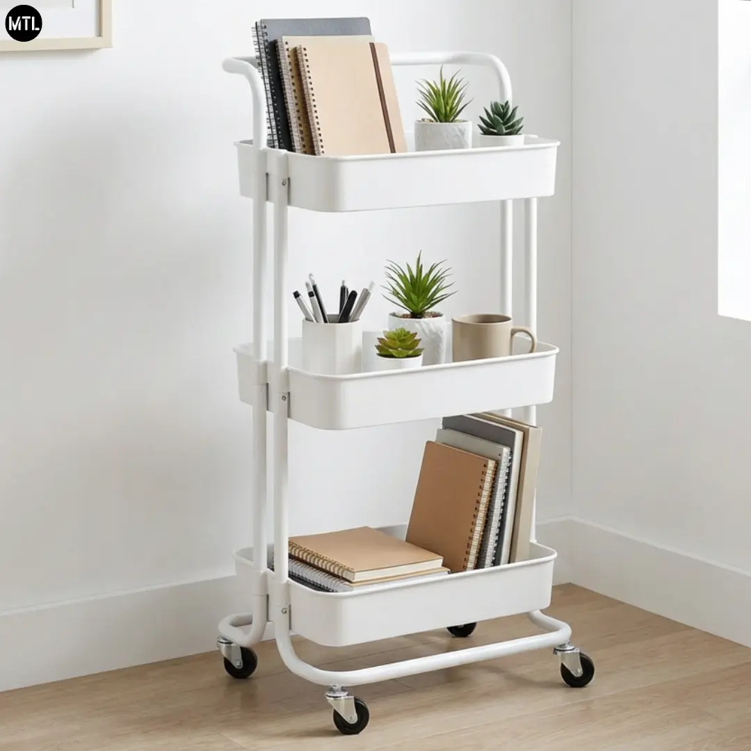 Carrito Organizador Blanco MTL TSV-003 — 3 Niveles, Ruedas 360° con Freno, 50kg