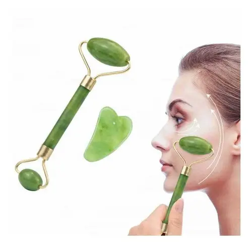 Kit Masajeador Facial Jade Rodillo +piedra Guasha-natural Color Verde — imagen 5