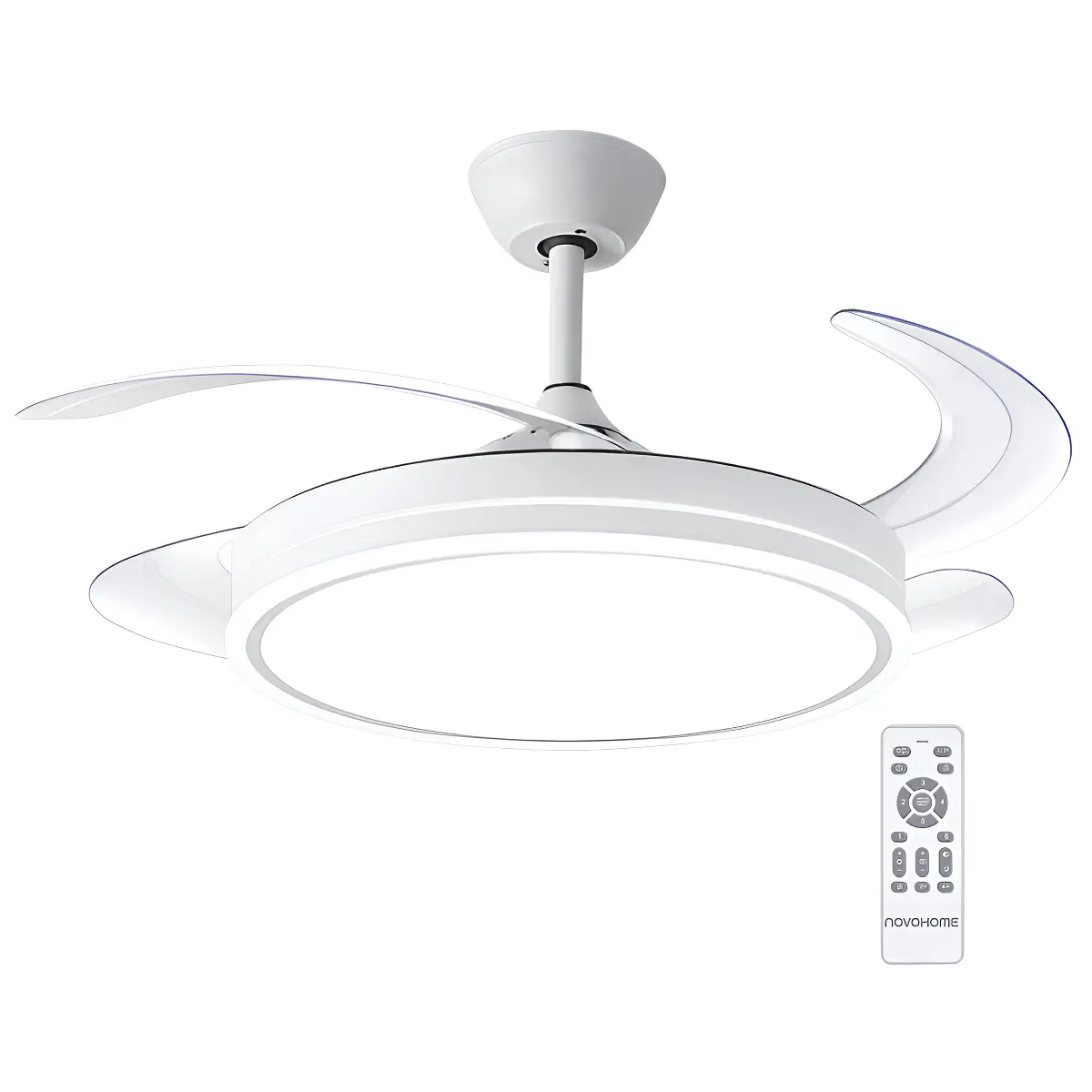 Ventilador Retractil De Techo Novohome Luz Calida Fria Neutra 6 Velocidades 4 aspas Color Blanco
