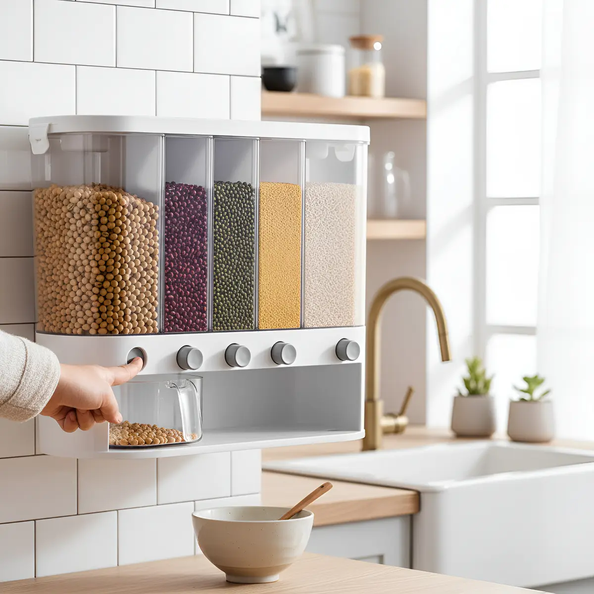 Dispensador de Alimentos 5 Compartimentos — Pared Adhesivo 10L