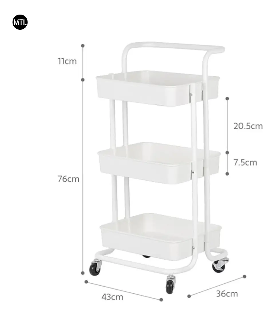 Carrito Organizador Blanco MTL TSV-003 — 3 Niveles, Ruedas 360° con Freno, 50kg — imagen 4
