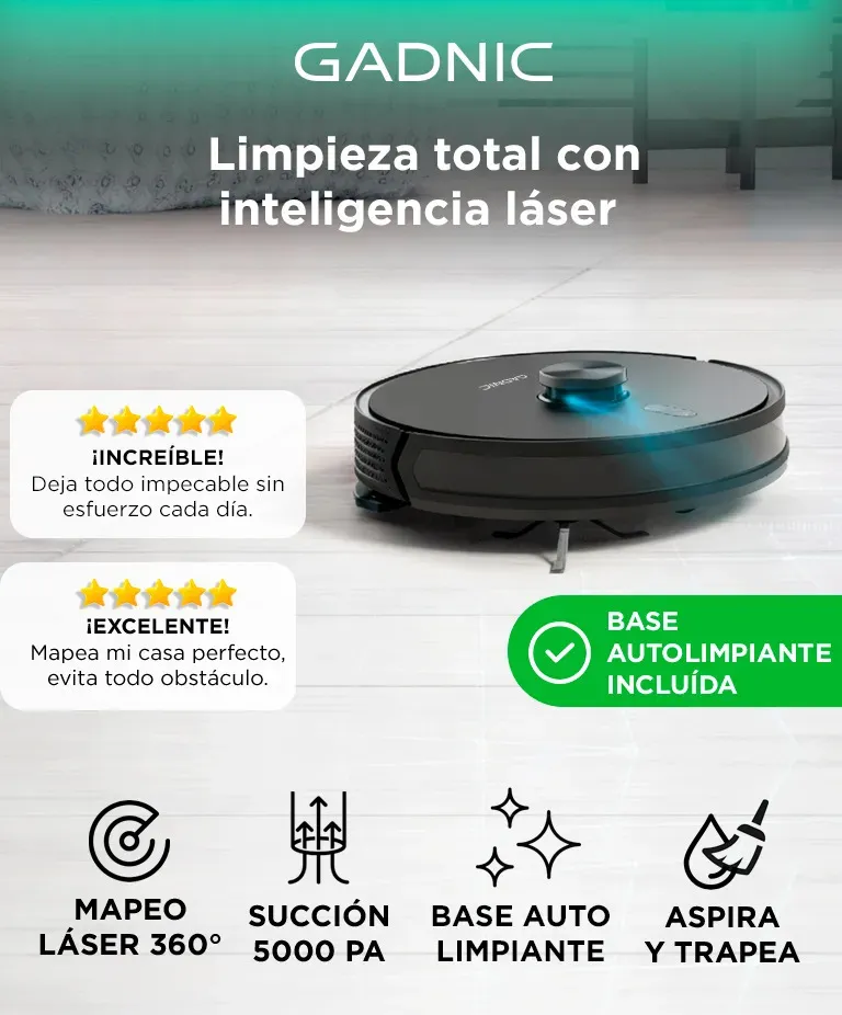 Aspiradora Robot Gadnic 5000 Pa LIDAR 360 Base Autolimpiante Bolsa 3.2 Litros 140 Min Autonomia 3200 mAh App Tuya — imagen 2