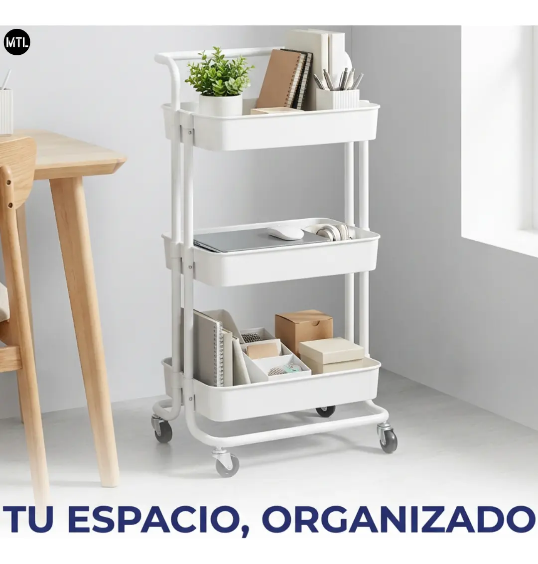 Carrito Organizador Blanco MTL TSV-003 — 3 Niveles, Ruedas 360° con Freno, 50kg — imagen 5