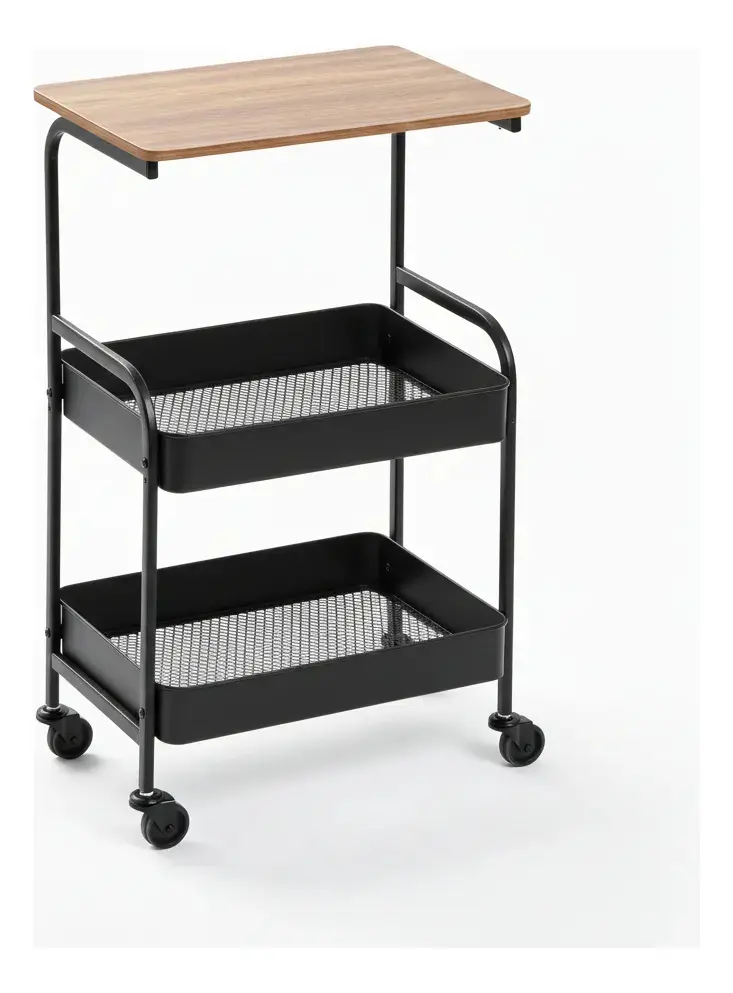 Mesa Auxiliar con Ruedas — Tablero Madera y 2 Estantes Metal, Carrito 3 Niveles — imagen 3