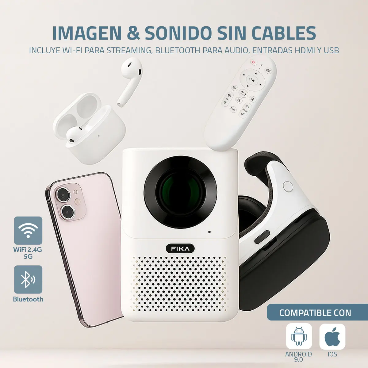 Mini Proyector Portátil 4k Fika B2 Full Hd 1080p 14000 Lumens 300 ANSI Lumens Android Wifi Cine Color Blanco — imagen 4