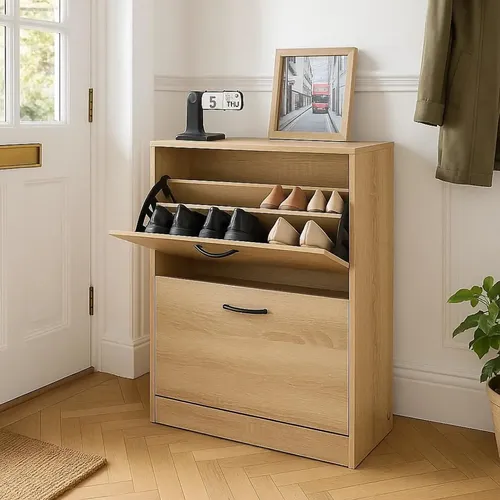 Zapatero Rebatible Jazak para 12 Pares, Mueble Organizador de Calzado con 2 Puertas y Estantes Ajustables, Color Roble Claro