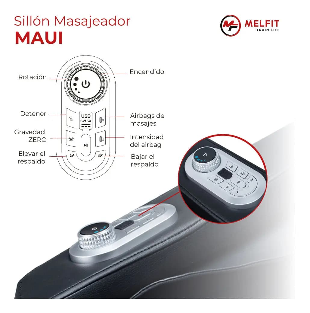Sillón Masajeador Melfit Maui Rodillos Calor Bluetooth Color Negro Maui — imagen 6