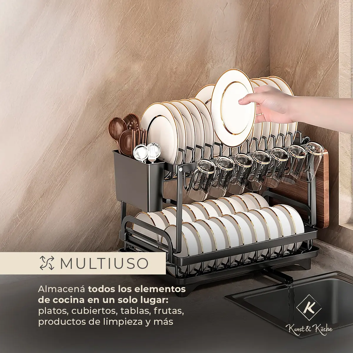 Secaplatos Escurridor Cubiertos 2 Niveles Organizador Cocina Color Negro — imagen 2