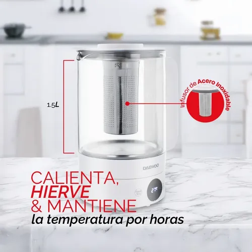 Pava Electrica Digital Infussia 1.5l Infusor Vidrio Daewoo Color Blanco — imagen 8