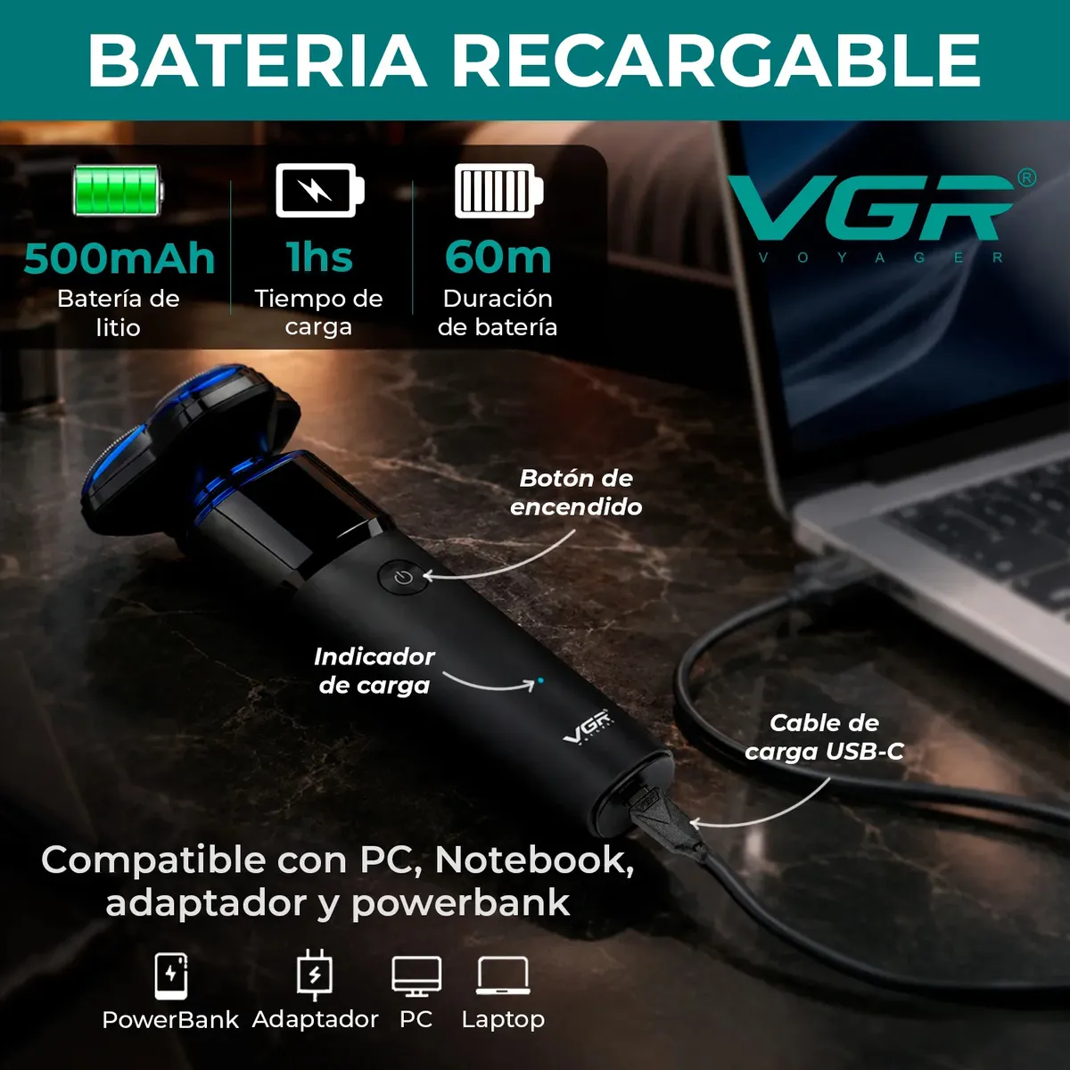 Afeitadora Eléctrica VGR V-325 Recargable — imagen 3