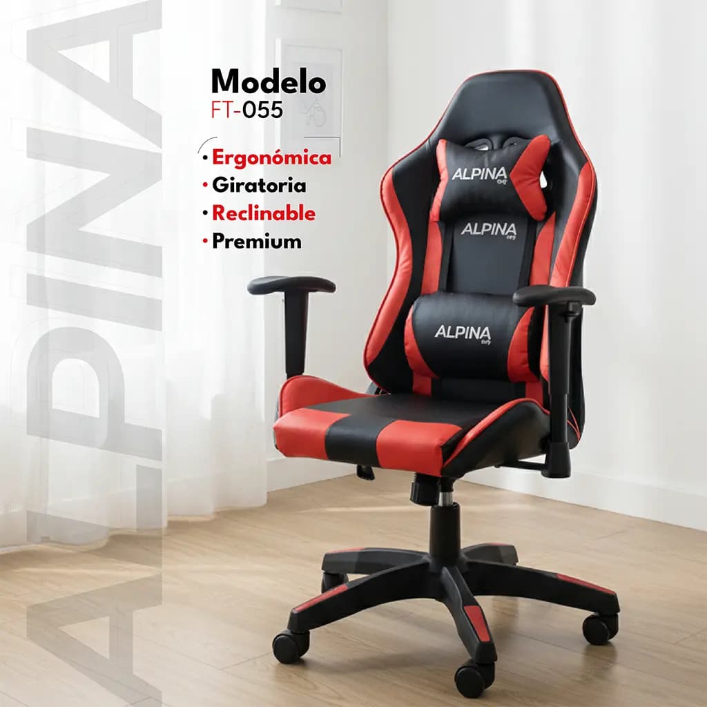Silla Gamer Alpina Ergonómica Giratoria Reclinable PRE-FT055 Negro/Rojo Cuero Sintético — imagen 2