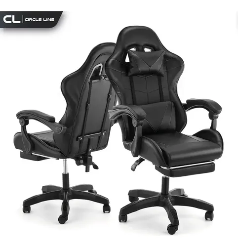 Silla Gamer Ergonómica Reclinable Con Apoya Pies Base Giratoria De Cuero Sintético Negro Circle Line CL-GC001 — imagen 3