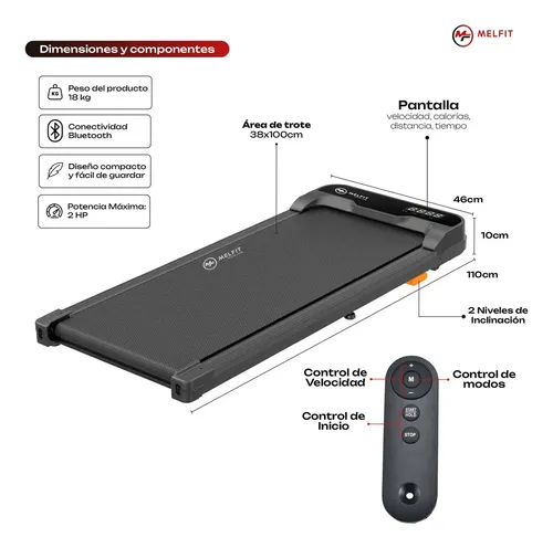 Cinta Caminadora Motorizada 8km 2hp Melfit Pro Motor Bluetooth 2 niveles inclinacion — imagen 2