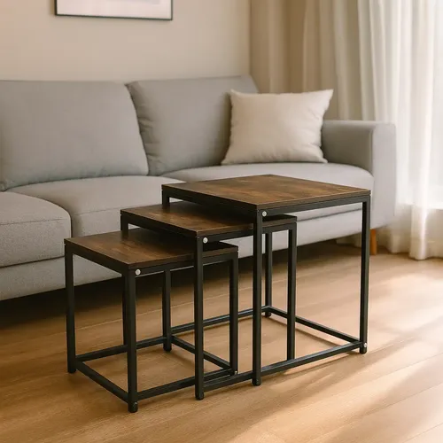 Mesas De Centro Ratona Ambi O Set X3 Acero Mdf Marrón y Negro