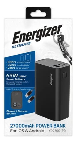 Power Bank Energizer Ultimate Cargador Portatil Powerbank 27000mah Led Carga Super Rapida 65w Color Negro